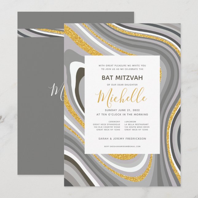 Bat mitzvah Modern Glitter Agate-inbjudan Inbjudningar (Fram/baksida)