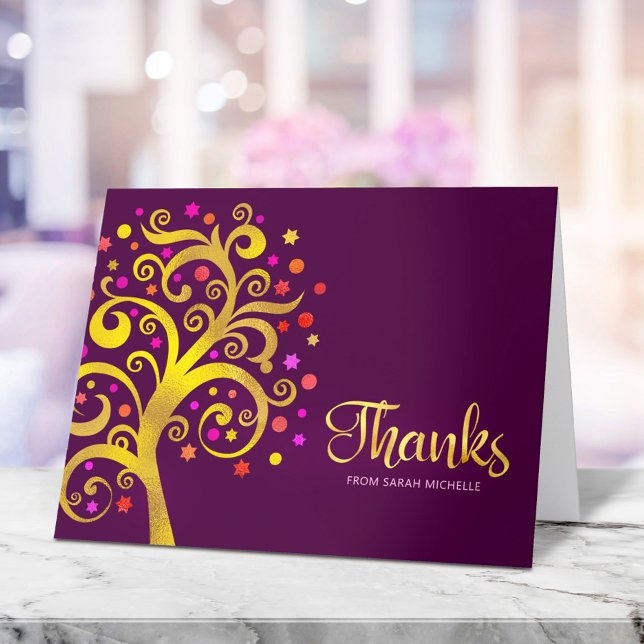 Bat mitzvah Modern Gold Foil Livets träd Burgundy Tack Kort (Skapare uppladdad)