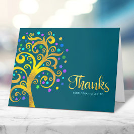 Bat mitzvah Modern Gold Foil Livets träd på Teal Tack Kort