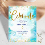 Bat mitzvah modern guld-folie turkos vattenfärg tilläggskort<br><div class="desc">Var stolt, gladd och visa den här milstolpen av din favoritBat mitzvah! Inkludera den här fantastiska, moderna, glatt guld-faux-folie och glitter-punkter och typografiskript mot en turkofärgad bakgrund, infoga personlig för ytterligare information om din händelse. Anpassa anpassningsbarna med information om namn, datum och plats för Bat mitzvah. Garanterade att hon skulle...</div>