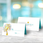 Bat mitzvah Modern Guld och Teal Foil Livets träd Placeringskort<br><div class="desc">Inget Bat mitzvah party är färdigt utan platskort för personlig. Låt din favorit Bat mitzvah vara stolt, glädjas och fira hennes milstolpe på hennes perfekt samordnade party. Denna sofistikerade chic, bedövning, grafisk faux guld-folie träd med glatt lila, turkos, teal och blue Star av David och dot "lövs" och teal script...</div>