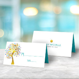 Bat mitzvah Modern Guld och Teal Foil Livets träd Placeringskort