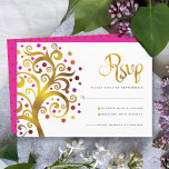Bat mitzvah Modern Guld Red Foil Livets träd OSA Kort<br><div class="desc">Var stolt, gladd och visa den här milstolpen av din favoritBat mitzvah! Inkludera den här grafiklappen av guld-folie träd med glatt rosa, orange och röd stjärna av David och punkt "löv" på en vit bakgrund, OSA av personlig-inmatningskort för din händelse. En liten, mörk röd stjärna av David mönster som överlägger...</div>
