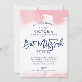 BAT MITZVAH modern handskriven rosa akvarell Inbjudningar