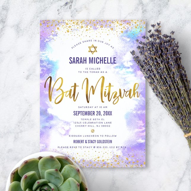 Bat mitzvah modern lila av folie guld inbjudningar (Skapare uppladdad)
