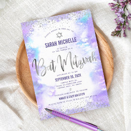Bat mitzvah modern lila av folie silver inbjudningar