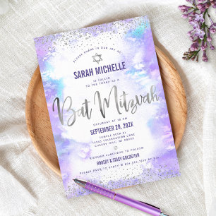 Bat mitzvah modern lila av folie silver inbjudningar