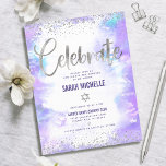 Bat mitzvah modern lila av folie silver tilläggskort<br><div class="desc">Var stolt, gladd och visa den här milstolpen av din favoritBat mitzvah! Inkludera den här fantastiska, moderna, glatt silver-faux-folie och glitter-punkter och handskrivna kalligrafiskript mot en mjuk lila-vattenfärgbakgrund, personlig infogning för ytterligare information om din händelse. Anpassa anpassningsbarna med information om namn, datum och plats för Bat mitzvah. Garanterade att hon...</div>