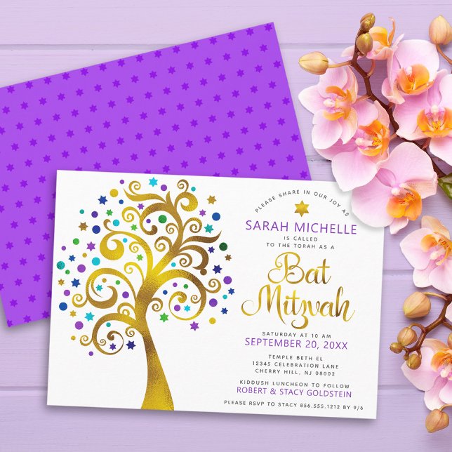 Bat mitzvah Modern Lila Gold Foil Livets träd Inbjudningar (Skapare uppladdad)