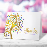 Bat mitzvah Modern Lila Gold Foil Livets träd Tack Kort<br><div class="desc">Se till att din favorit Bat mitzvah visar hennes uppskattning för alla som stödde hennes milstolpe-händelse! Skicka ut det här sofistikerade, tack för personligen! Denna grafisk faux guld-folie träd med glatt turkos, teal, lila och Blue Star av David och punkt "löv" täcker över en vit bakgrund. Anpassa anpassningsbarna till Bat...</div>