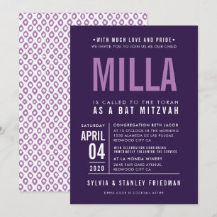BAT MITZVAH, modern lila lavender av typen fetstil Inbjudningar