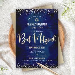 Bat Mitzvah Modern Marin Guld Folie Glitter Skrift Inbjudningar
