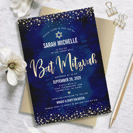 Bat Mitzvah Modern Marin Guld Glitter Folie Script Inbjudningar