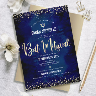 Bat Mitzvah Modern Marin Guld Glitter Folie Script Inbjudningar