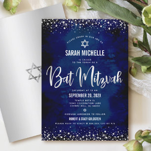 Bat Mitzvah Modern Marin Silver Glitter Folie Scri Inbjudningar