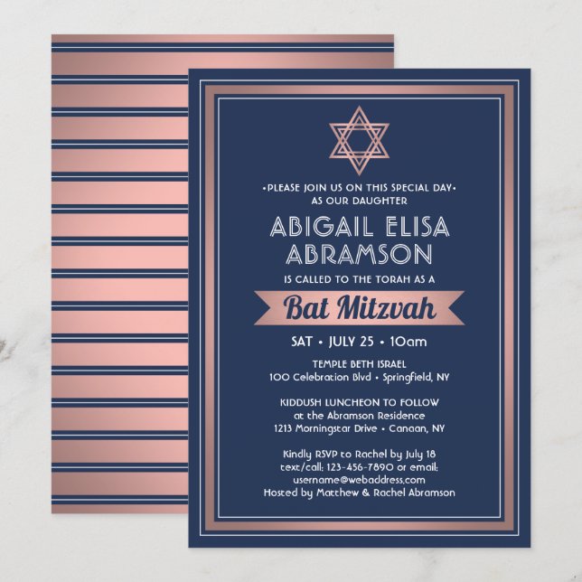 Bat Mitzvah Modern Marinblå Rosa Roséguld Trendig Inbjudningar (Fram/baksida)