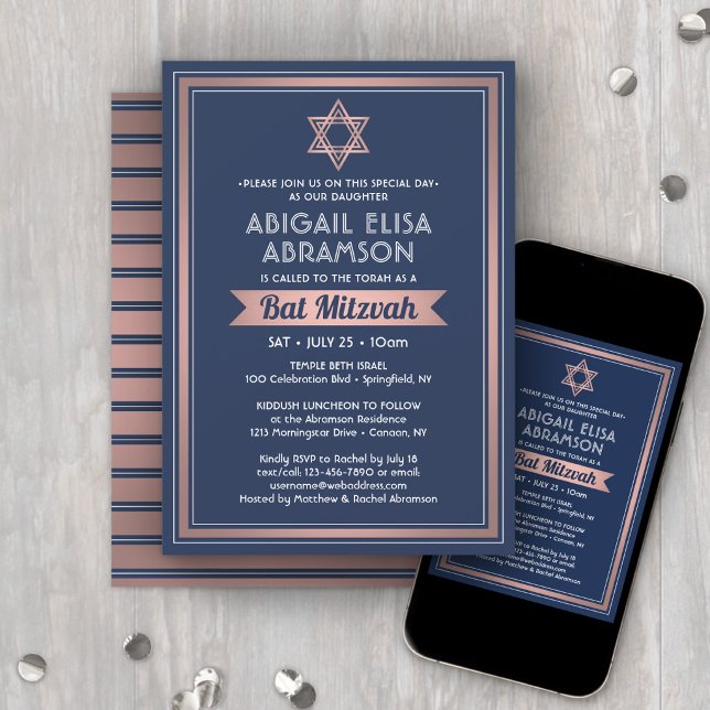Bat Mitzvah Modern Marinblå Rosa Roséguld Trendig Inbjudningar (Skapare uppladdad)