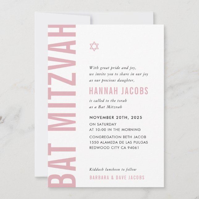 BAT MITZVAH, modern, minimal, fetstilt rosa av dam Inbjudningar (Framsida)