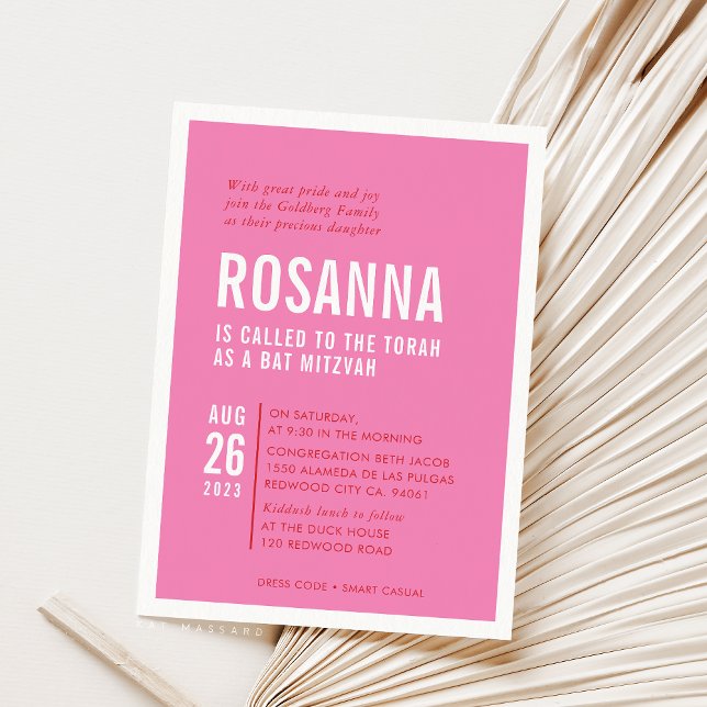 BAT MITZVAH, modern, minimal, röd rosa Inbjudningar (Skapare uppladdad)