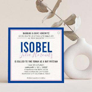 BAT MITZVAH, modern, minimalistisk rosa färg blå Inbjudningar