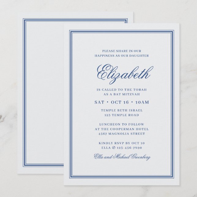 Bat mitzvah Modern Monogram på Enkel Ram Inbjudningar (Fram/baksida)