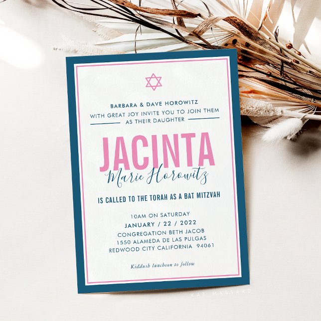 BAT MITZVAH, modern rosa, blå stjärna Inbjudningar (Skapare uppladdad)