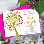 Bat mitzvah Modern Rosa Gold Foil Livets träd<br><div class="desc">Var stolt, gladd och visa den här milstolpen av din favoritBat mitzvah! Den här grafikton faux guld foil träd med glatt rosa, orange och röd stjärna av David och punkt "löv" på vit bakgrund är perfektens inbjudan till detta särskilda tillfälle. En liten, mörk röd stjärna av David mönster som överlägger...</div>