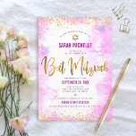 Bat mitzvah modern rosa, guld glitter<br><div class="desc">Var stolt, gladd och visa den här milstolpen av din favoritBat mitzvah! Skicka ut den här fantastiska, moderna, glatt guld-faux-folie och glitter-punkter och typografiskript mot en mjuk rosa-vattenfärgbakgrund, personlig inbjudan till en händelse att komma ihåg. Anpassa anpassningsbarna med information om namn, datum och plats för Bat mitzvah. Garanterade att hon...</div>