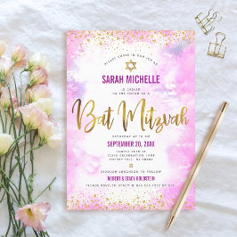 Bat mitzvah modern rosa, guld glitter inbjudningar