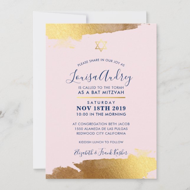 BAT MITZVAH modern  rosa i guld Inbjudningar (Framsida)