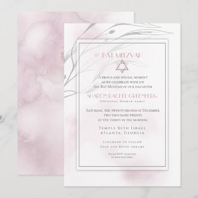 Bat mitzvah Modern  Rosa Watercolor Stänk Inbjudningar (Fram/baksida)