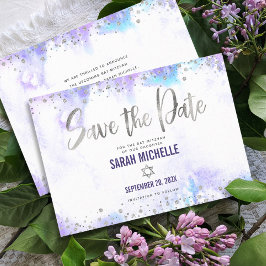 Bat mitzvah Modern Silver-Lila, vattenfärg Spara Datumet