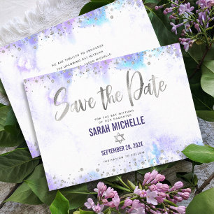 Bat Mitzvah Modern Silvermanuskrift Lila Akvarell Spara Datumet