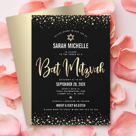 Bat Mitzvah Modern Svart Guld Glitter Folie Script Inbjudningar