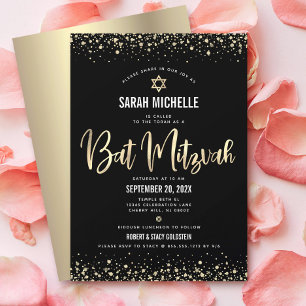 Bat Mitzvah Modern Svart Guld Glitter Folie Script Inbjudningar