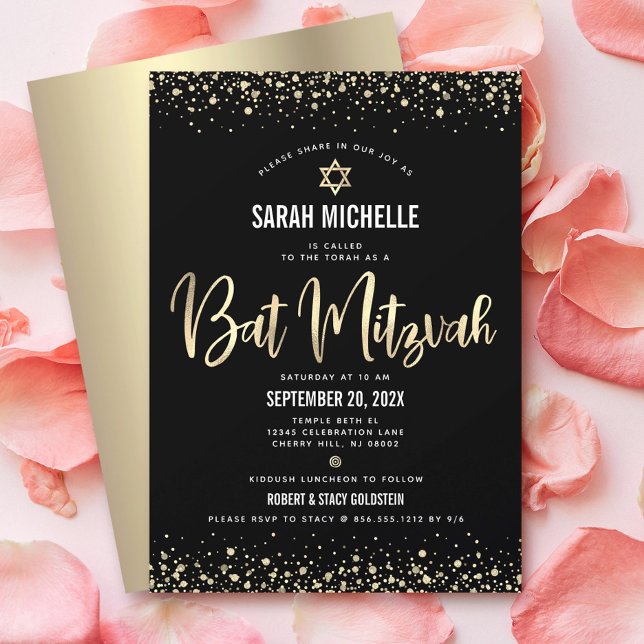 Bat Mitzvah Modern Svart Guld Glitter Folie Script Inbjudningar (Skapare uppladdad)