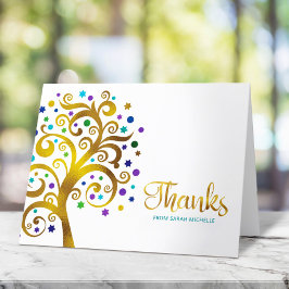 Bat mitzvah Modern Teal and Gold Foil Livets träd Tack Kort