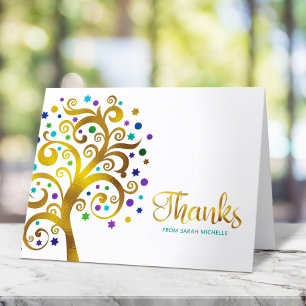 Bat mitzvah Modern Teal and Gold Foil Livets träd Tack Kort