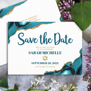 Bat Mitzvah Modern Turkos Guld Agat Script Spara Datumet