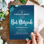 Bat Mitzvah Modern Turkos Ombre Agat Script Inbjudningar<br><div class="desc">Var stolt, gläd dig och visa upp denna milstolpe för din favorit Bat Mitzvah! Skicka ut denna coola, unika, moderna, personliga inbjudan med hebreiskt namn till en händelse att minnas. Vit skrifttypografi och en falsk guldstjärna av David överlagrar en djup turkos tealblå ombre-bakgrund med turkosblå agataccent med falska guldådror. Anpassa...</div>