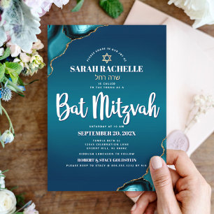 Bat Mitzvah Modern Turkos Ombre Agat Script Inbjudningar