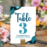 Bat Mitzvah Modern Turkos Teal Agat Script Bordsnummer<br><div class="desc">Ingen Bat Mitzvah-fest är komplett utan personliga bordskort. Låt din dotter vara stolt, glädjas och fira sin milstolpe på sin perfekt koordinerade fest. Mörk tealblå kalligrafiskrift, turkosblå och tealblå typografi och turkosblå agatstenar accentuerade med falska guldådror överlagrar en ren, vit bakgrund. Personalisera den anpassade texten med bordnumret, hennes namn och...</div>