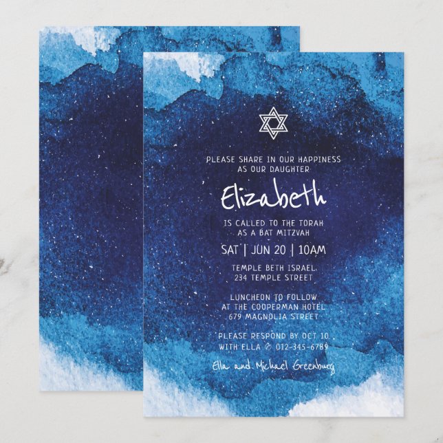Bat mitzvah modern typografi, blå vattenfärg inbjudningar (Fram/baksida)