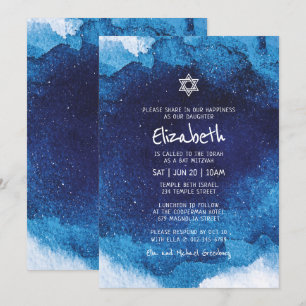 Bat mitzvah modern typografi, blå vattenfärg inbjudningar