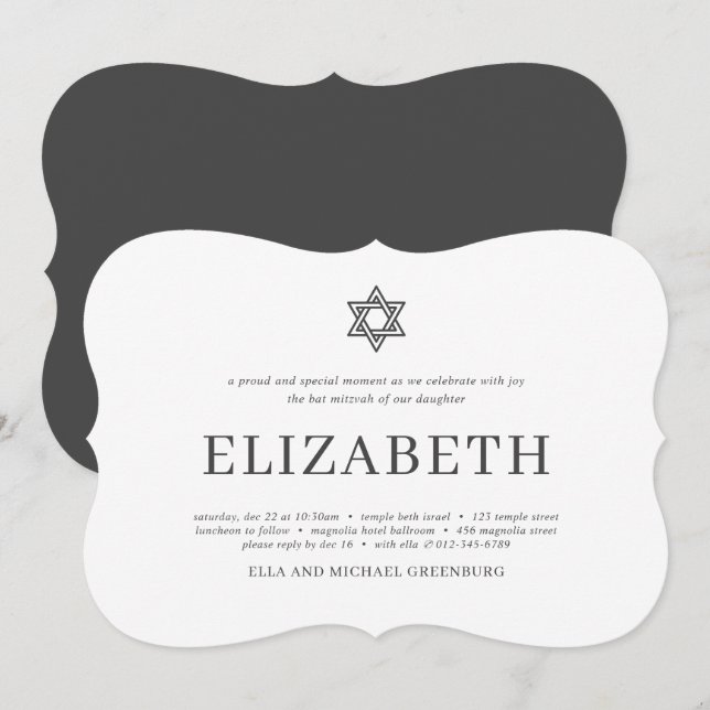 Bat mitzvah modern typografi inbjudningar (Fram/baksida)