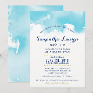 BAT MITZVAH, modern vattenblått inbjudan