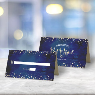 Bat Mitzvah Navy Akvarell Guld Glitter Skrift Placeringskort