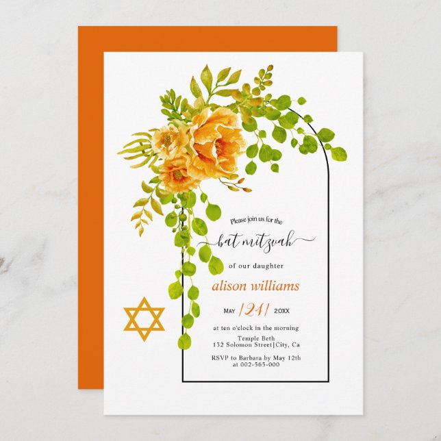 Bat mitzvah orange av blommor och blommigt inbjudningar (Fram/baksida)
