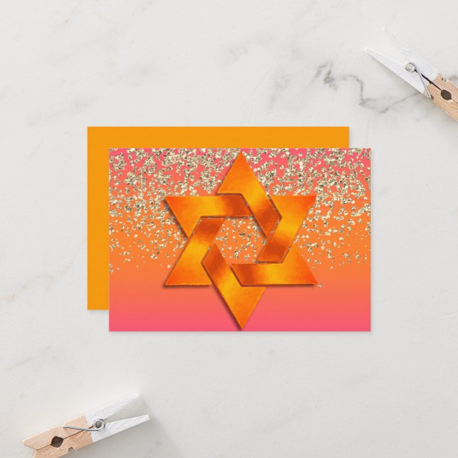 Bat Mitzvah Orange Rosa Ombre Festkort Inbjudningar (Fram/Back In Situ)