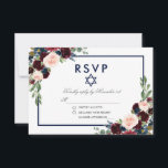 Bat mitzvah OSA i Burgundy Blue Blommigt Silver<br><div class="desc">Watercolor Burgundy Marsala Blue Blommigt Bat mitzvah Silver OSA kort</div>